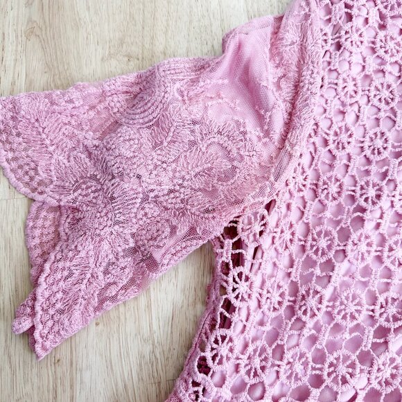Tea n Rose‎ Crochet Lace Overlay Pink Maxi Dress L Butterfly Sleeves - Picture 3 of 11